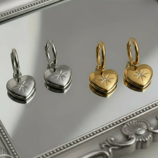 Exquisite Stainless Steel Heart Zircon Hoop Earrings Silver