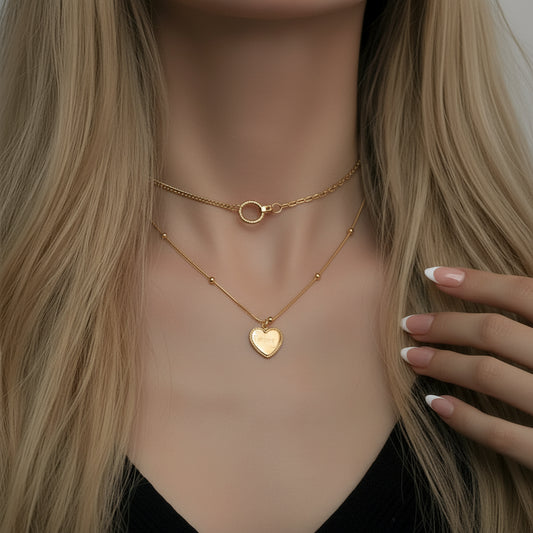 Forever-Love Etched Stainless Steel Double-Layer Heart Necklace