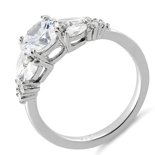 Bague Glamorous en argent massif avec une pierre ronde/claire faite de zircones cubiques de grade AAAAA