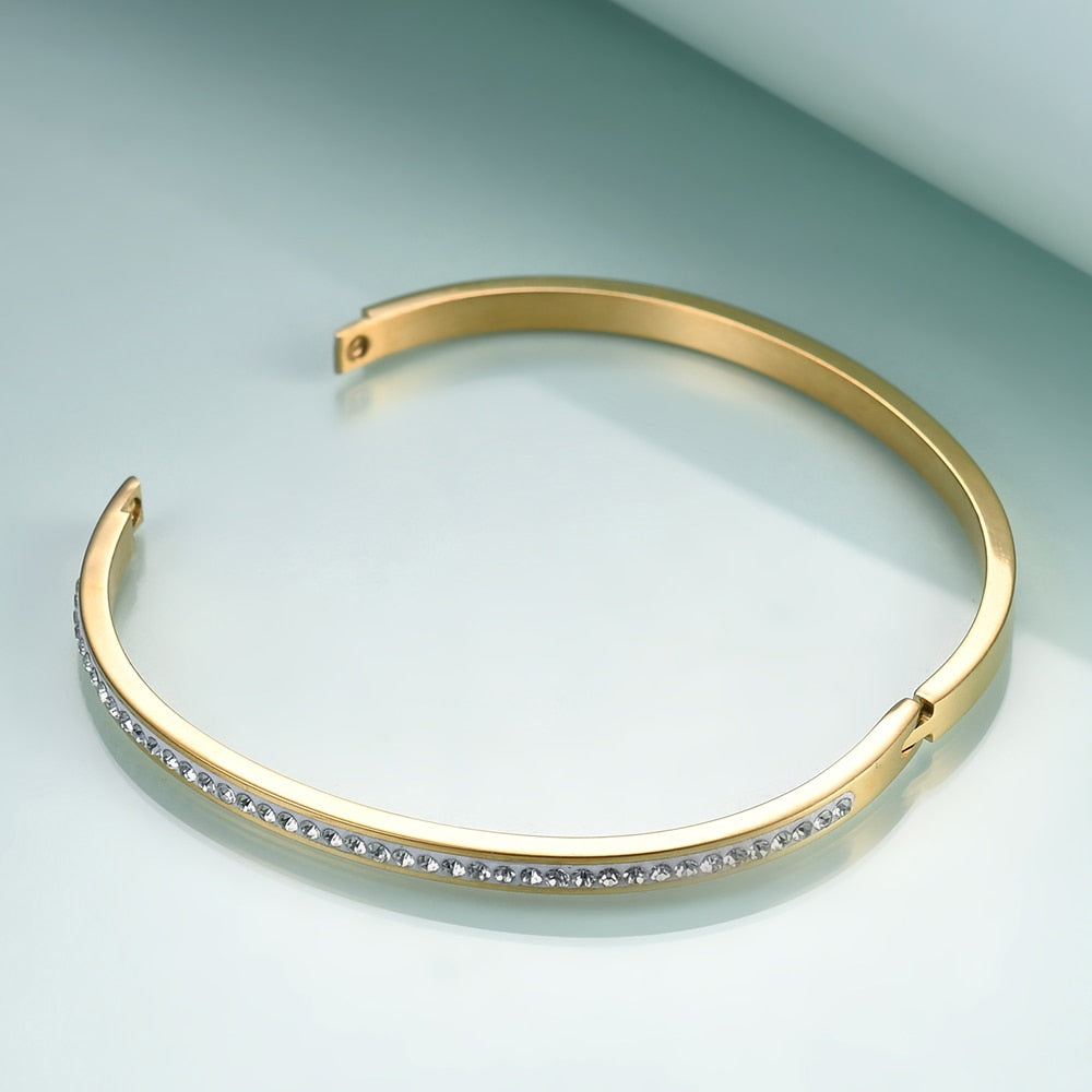 Bangle-Style Gold Stainless Steel Bracelet With Crystals