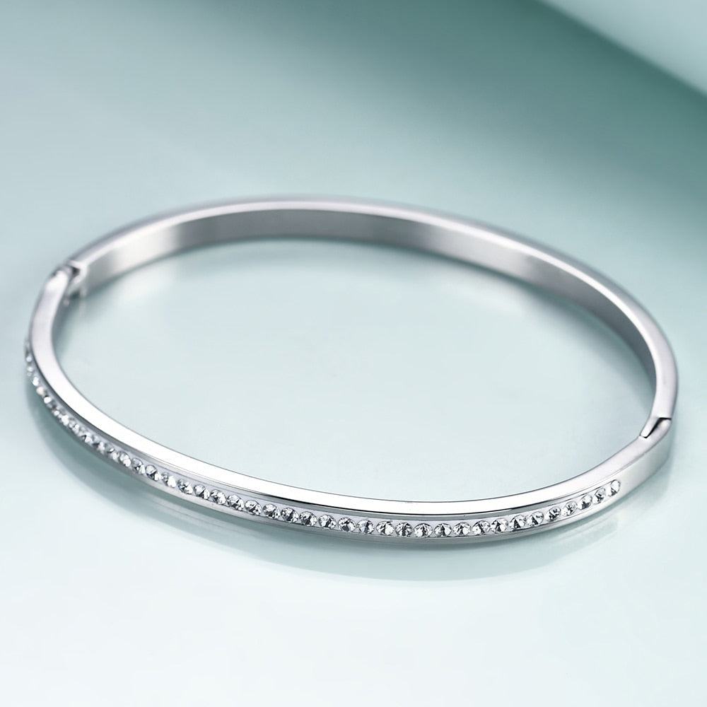 Bangle-Style Silver Stainless Steel Bracelet With Crystals