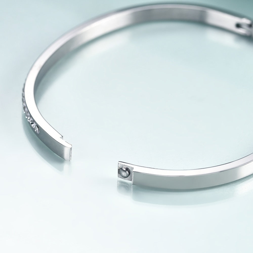 Bangle-Style Silver Stainless Steel Bracelet With Crystals