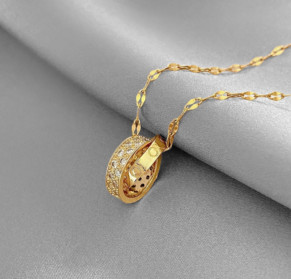 Glimmering Stainless Steel Double Zircon Rings Necklace