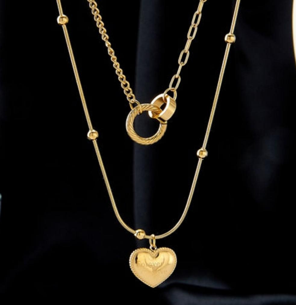 Forever-Love Etched Stainless Steel Double-Layer Heart Necklace