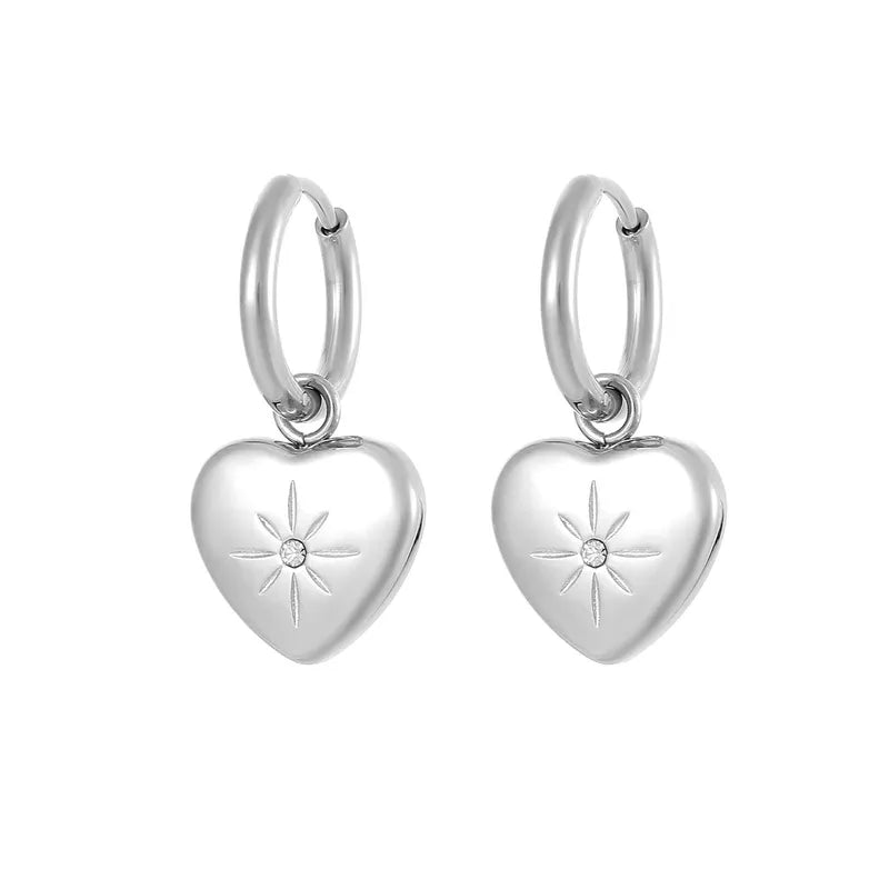 Exquisite Stainless Steel Heart Zircon Hoop Earrings Silver