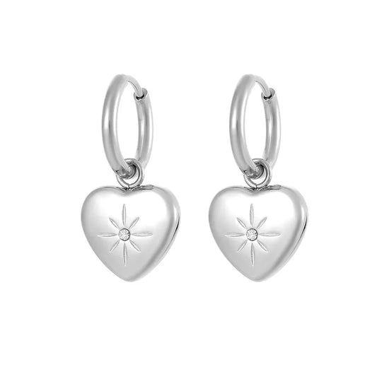 Exquisite Stainless Steel Heart Zircon Hoop Earrings Silver