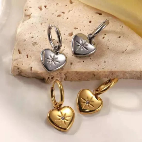 Exquisite Stainless Steel Heart Zircon Hoop Earrings Silver