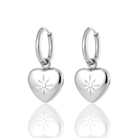 Exquisite Stainless Steel Heart Zircon Hoop Earrings Silver