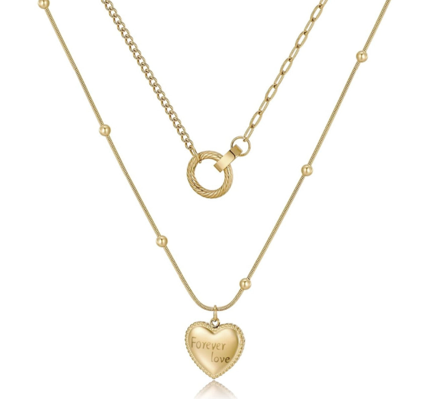 Forever-Love Etched Stainless Steel Double-Layer Heart Necklace