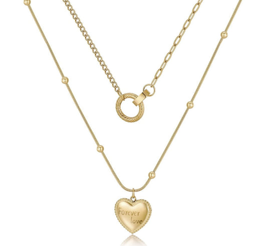 Forever-Love Etched Stainless Steel Double-Layer Heart Necklace