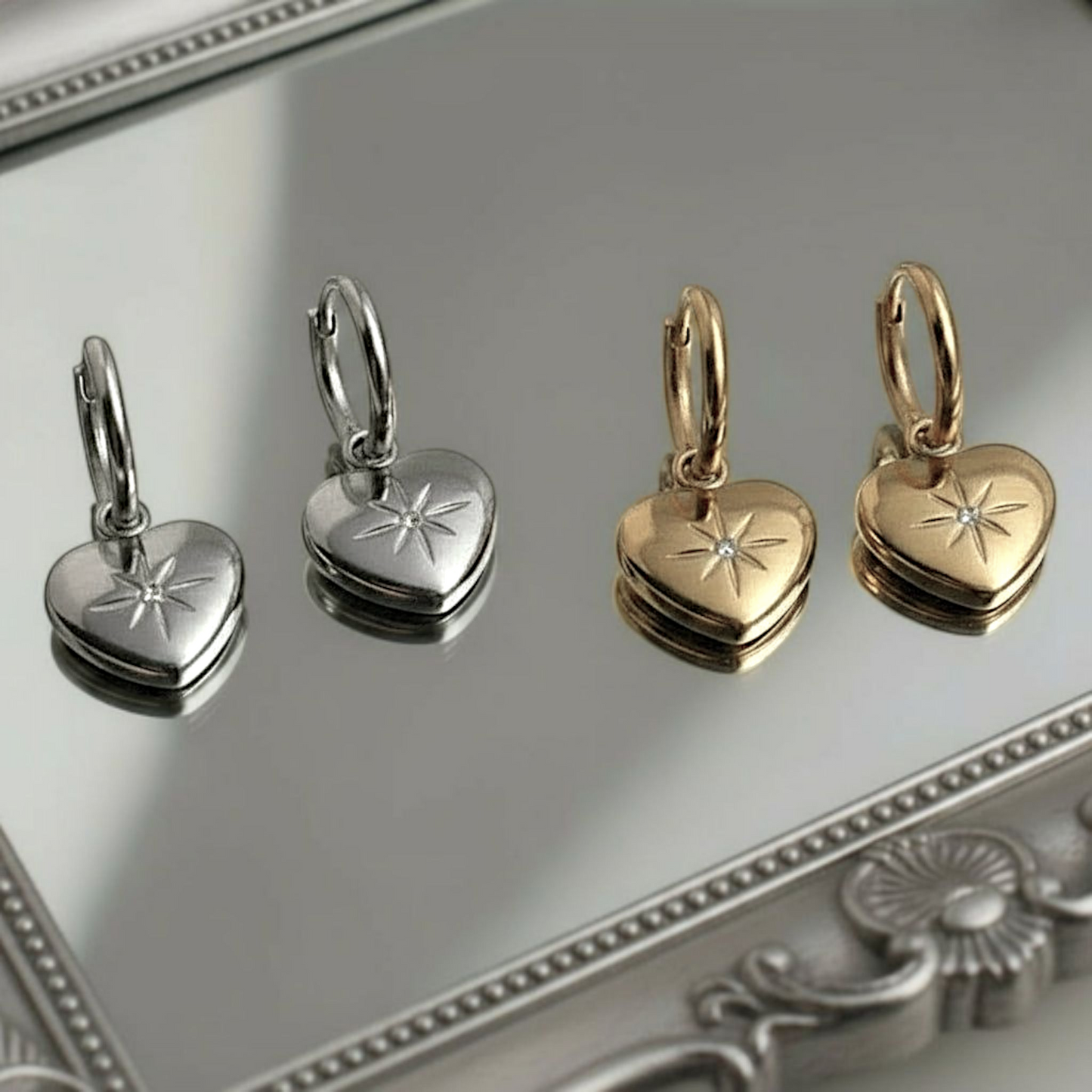 Exquisite Stainless Steel Heart Zircon Hoop Earrings Silver