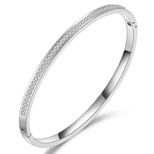 Bangle-Style Silver Stainless Steel Bracelet With Crystals